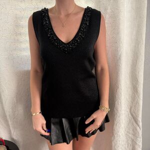 American-vintage Women'slack Knit Top With Embellished V-neckline L